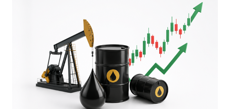 trade oil with price chart, oil barrels, and pumpjack illustration