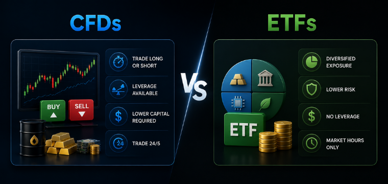 CFD vs ETF comparison highlighting leverage, risk, and investment differences