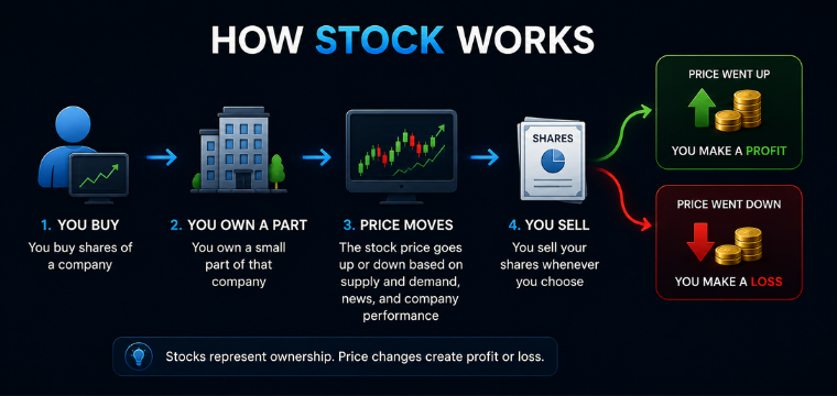 CFD vs stock comparison showing stock investing process from buying shares to profit or loss.
