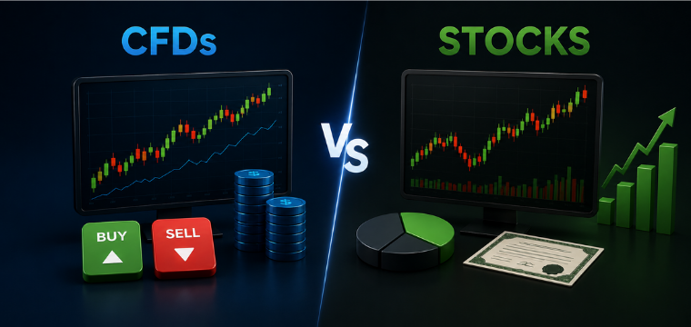 CFD vs stock comparison showing trading charts, buy-sell buttons, and stock ownership growth.
