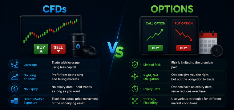 CFD vs options comparison showing leverage, risk, expiry, and trading features.