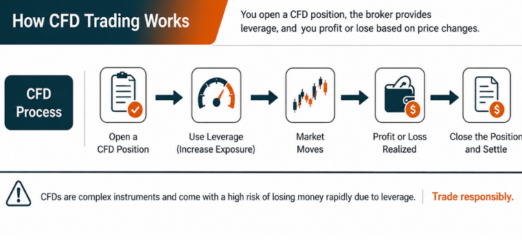 How CFD trading worksCFD vs options guide showing CFD trading process from opening to closing a position.