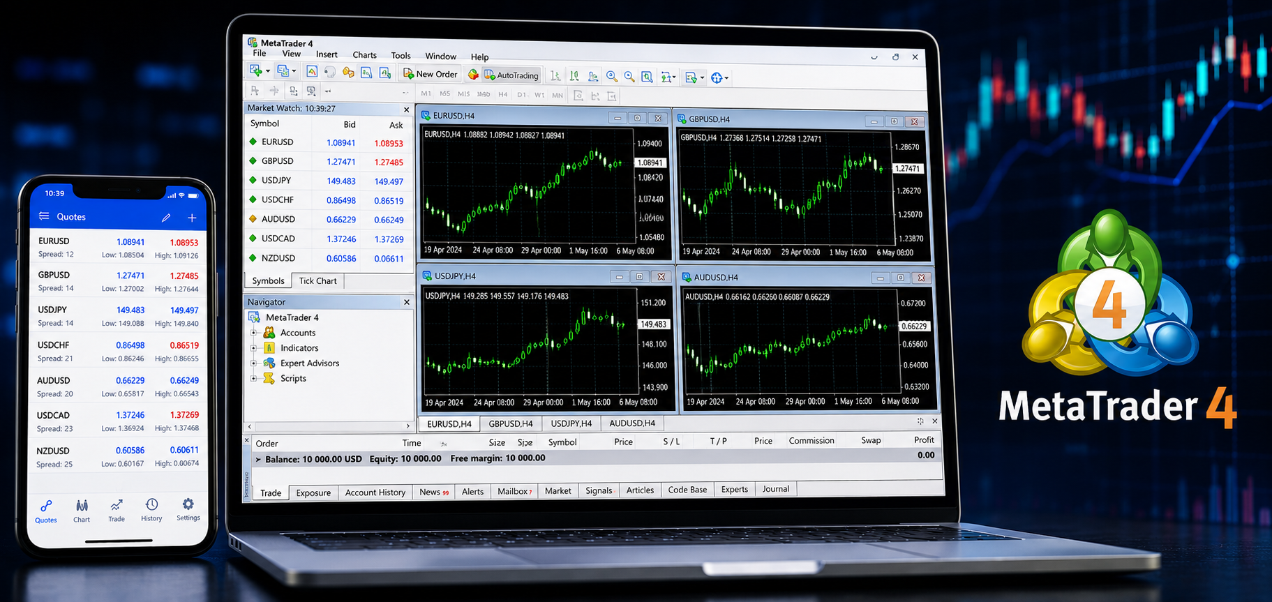 MT4 vs MT5 trading platforms displayed on laptop and smartphone with live forex charts