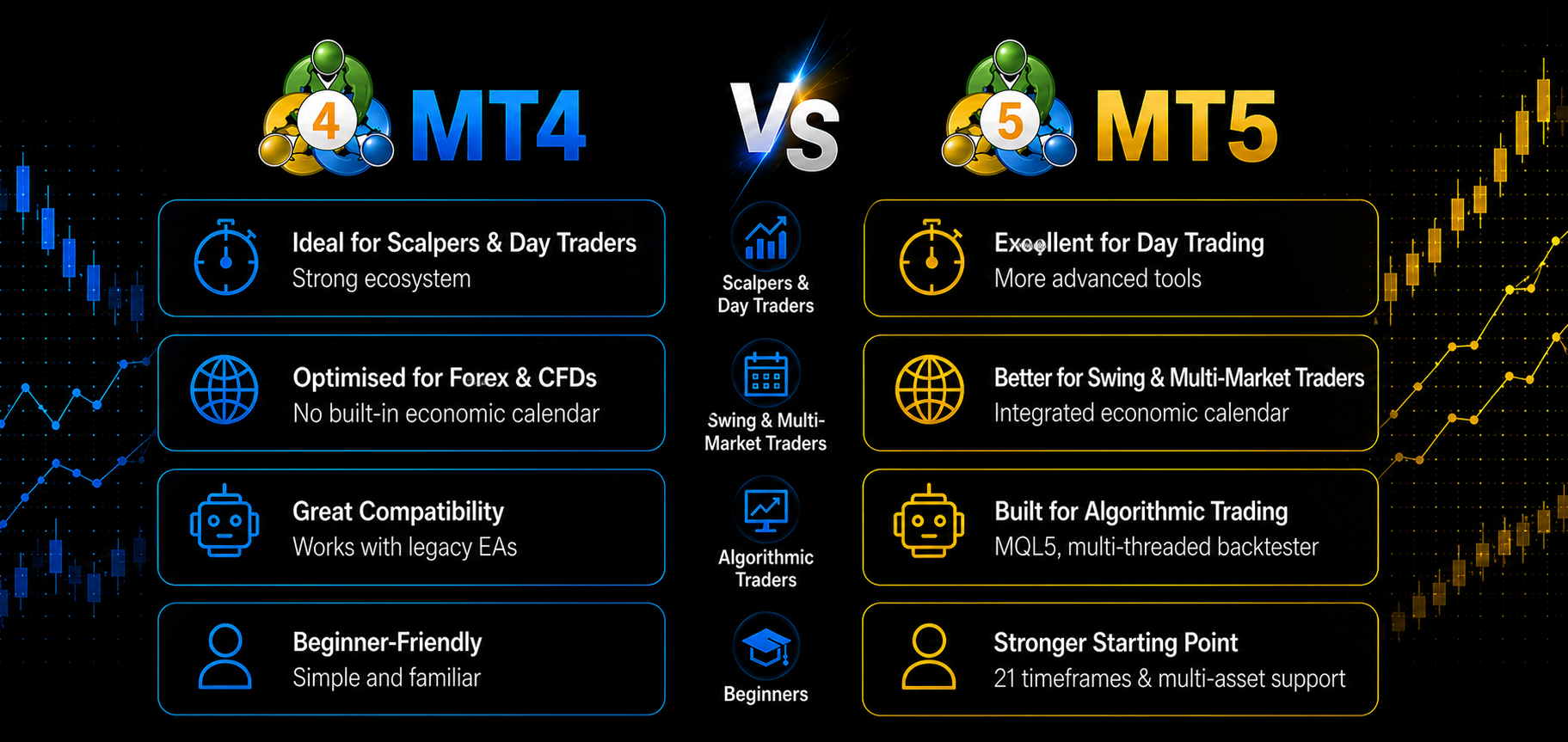 MT4 vs MT5 feature comparison highlighting trading tools, timeframes, and platform advantages