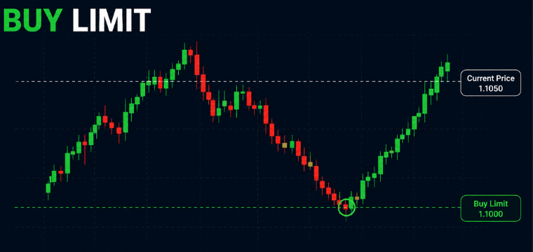 Buy limit chart illustrating MetaTrader 5 order types for entering trades below current market price.