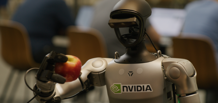 NVIDIA humanoid robot holding an apple, illustrating the best robotics stocks and AI-powered automation
