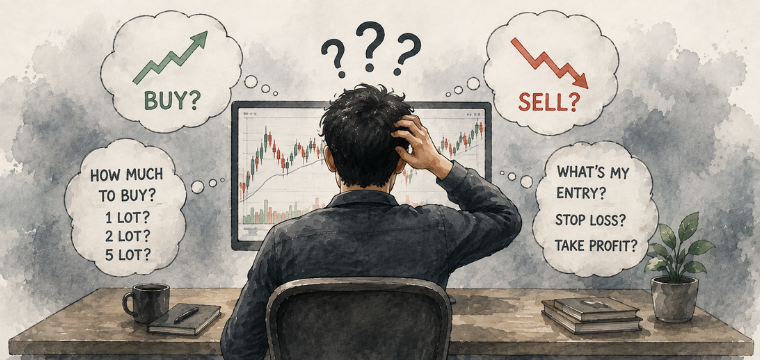 Trader analyzing buy and sell decisions while facing common trading mistakes and risk management questions.