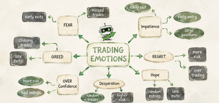 Illustration showing trading emotions driving fear, greed, impatience, and regret as common trading mistakes.