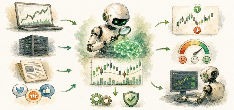 AI trading for beginners illustration showing market data, AI analysis, trading signals, and automated risk management.