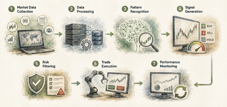 AI trading for beginners process showing data collection, pattern recognition, risk filtering, trade execution, and monitoring