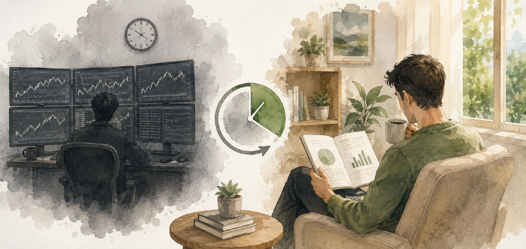 Illustration comparing trading vs investing through active market charts and long-term financial planning
