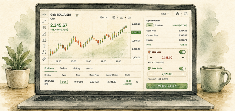 Illustration showing CFD trading risk management with a leveraged gold position, stop-loss, and take-profit orders.