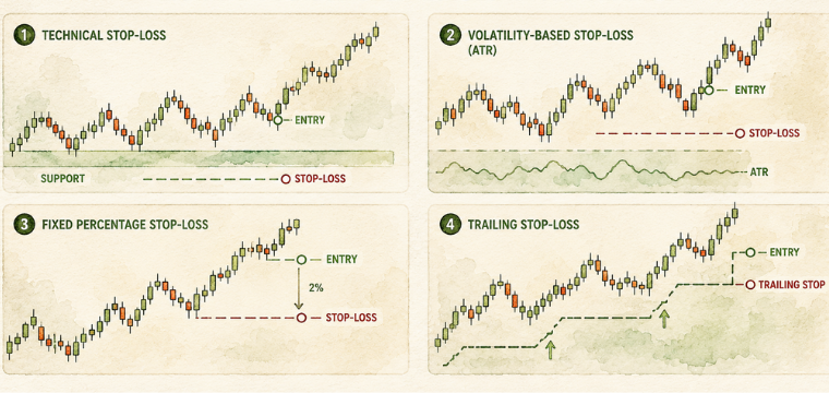 Illustration showing four stop-loss strategies for CFD trading risk management to protect trading capital.