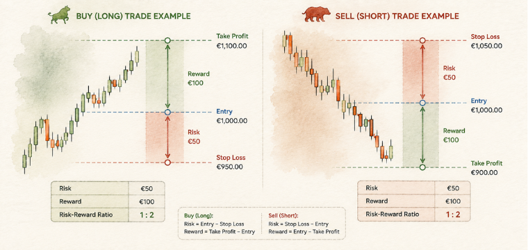 MT5 risk-reward ratio examples showing 1:2 risk, reward, entry, stop-loss, and take-profit levels