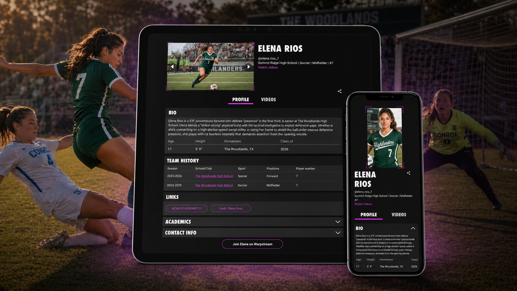 Tablet and phone showing soccer player Elena Rios' profile with stats and bio on a soccer field background.