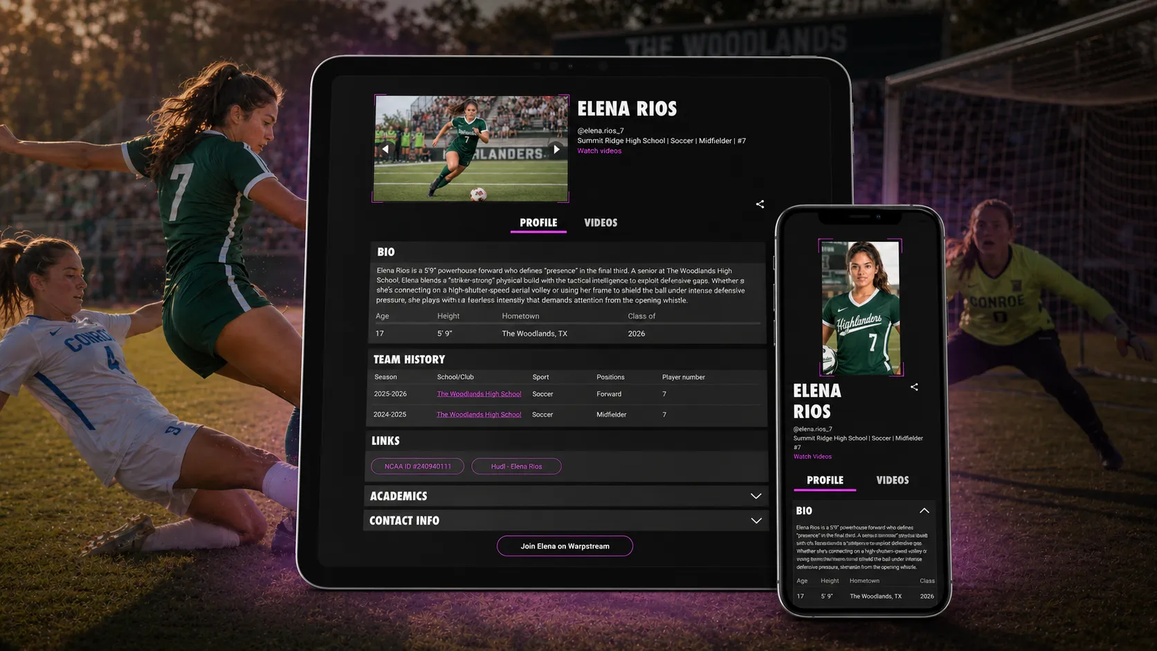 Tablet and phone showing soccer player Elena Rios' profile with stats and bio on a soccer field background.