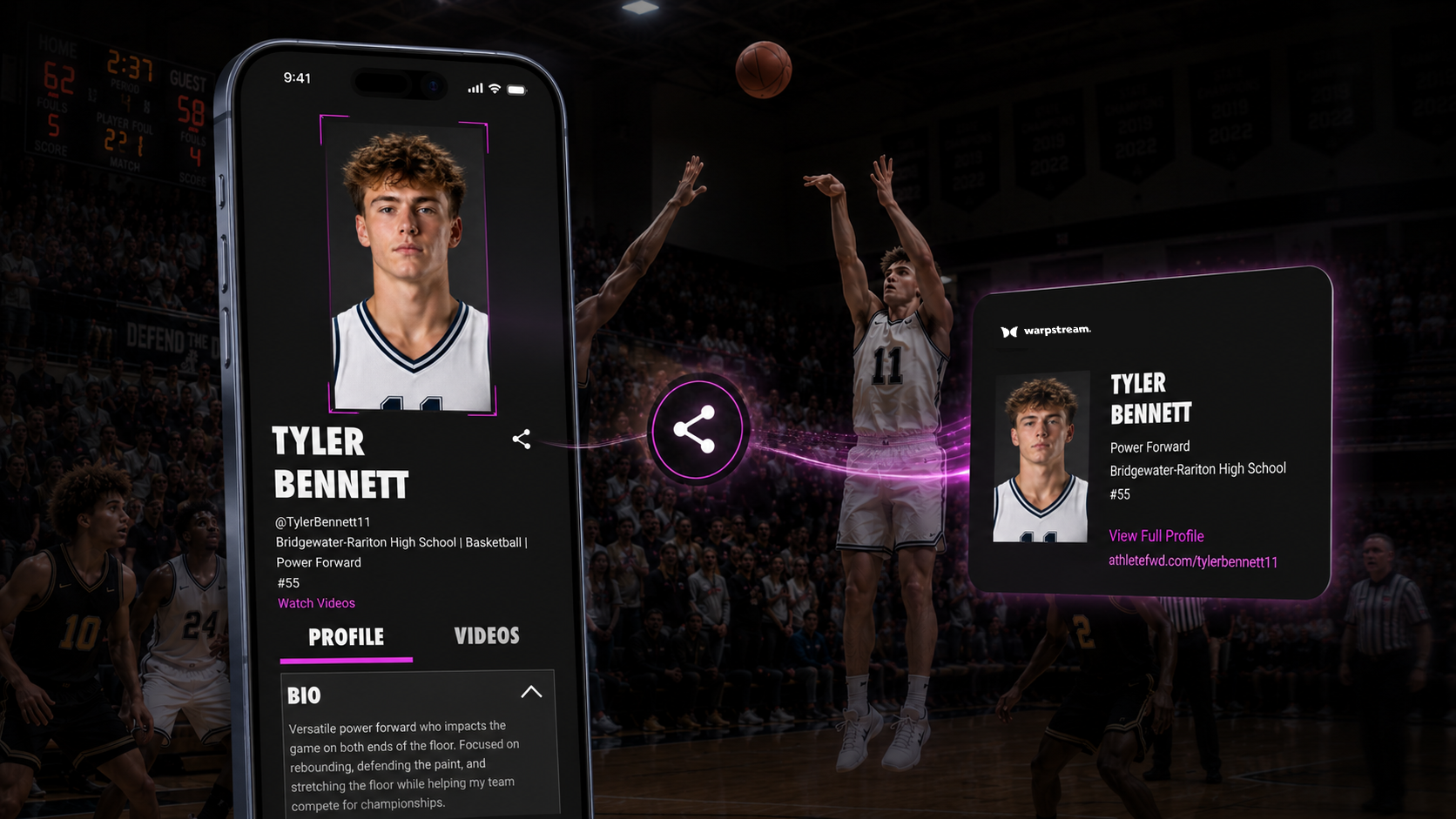 Basketball player Tyler Bennett shooting a jump shot with digital player profile overlays on screen.