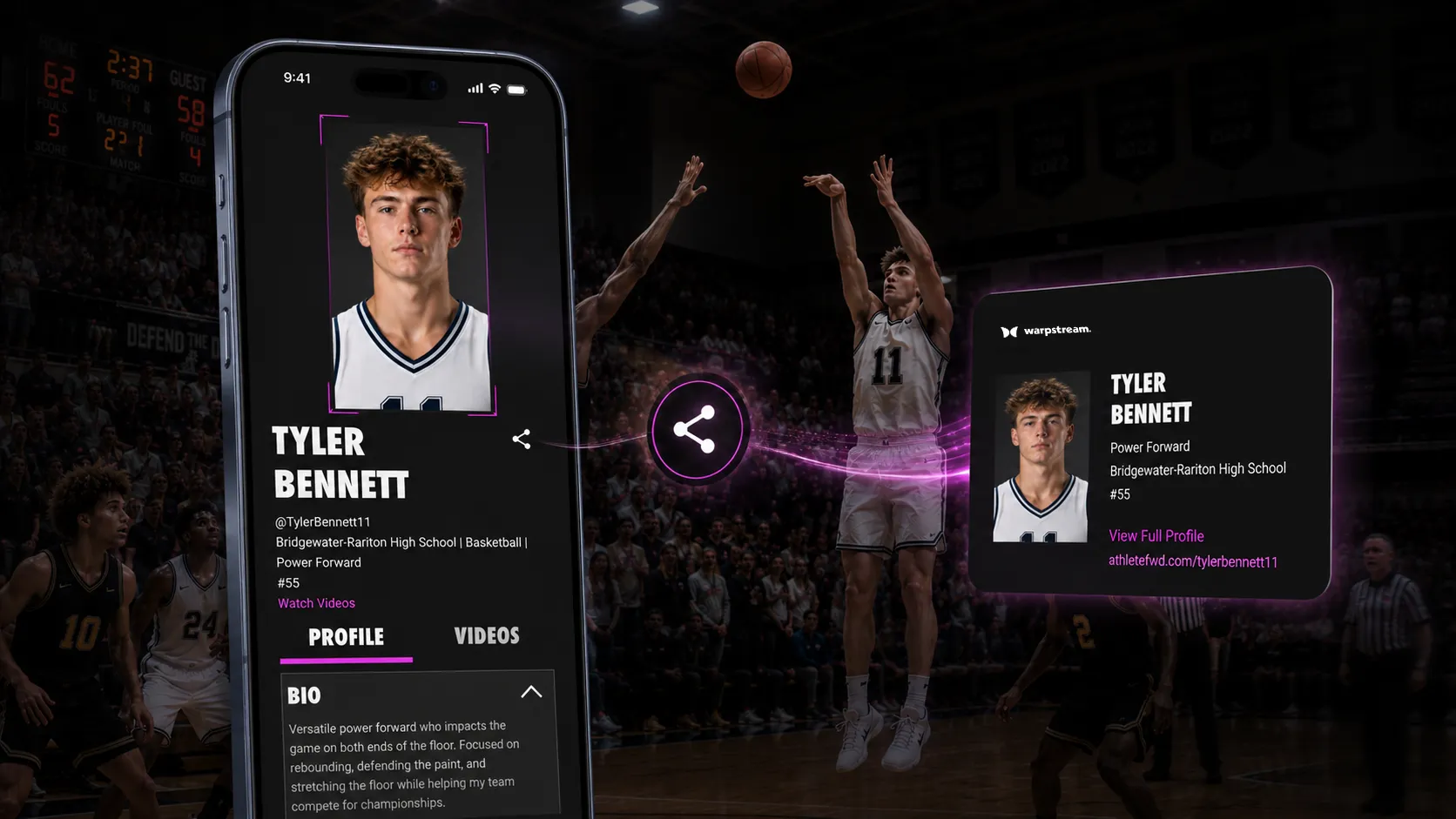 Basketball player Tyler Bennett shooting a jump shot with digital player profile overlays on screen.