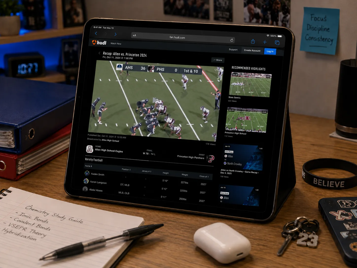Tablet device showing a team video app.