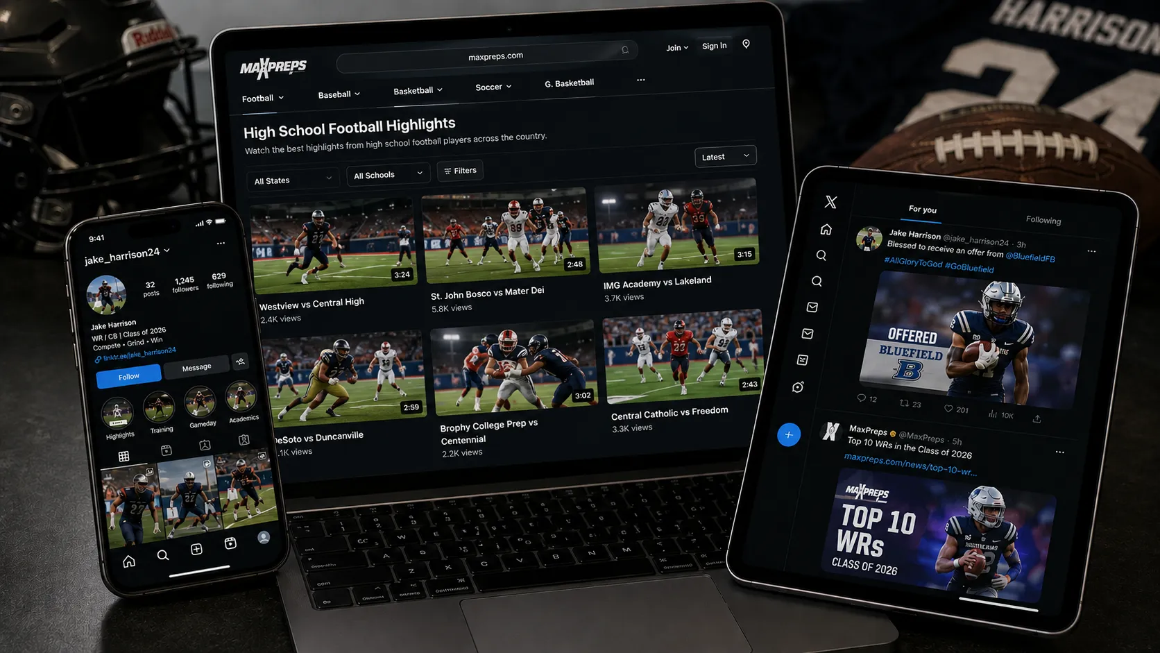 Phone, laptop, and tablet showing football highlights and social media posts of athlete Jake Harrison.