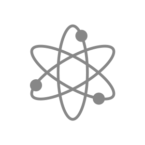 Gray icon of an atom with three elliptical orbits and three solid electrons.