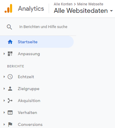 Ein Screenshot der Sidebar und Navigation von Google Analytics.