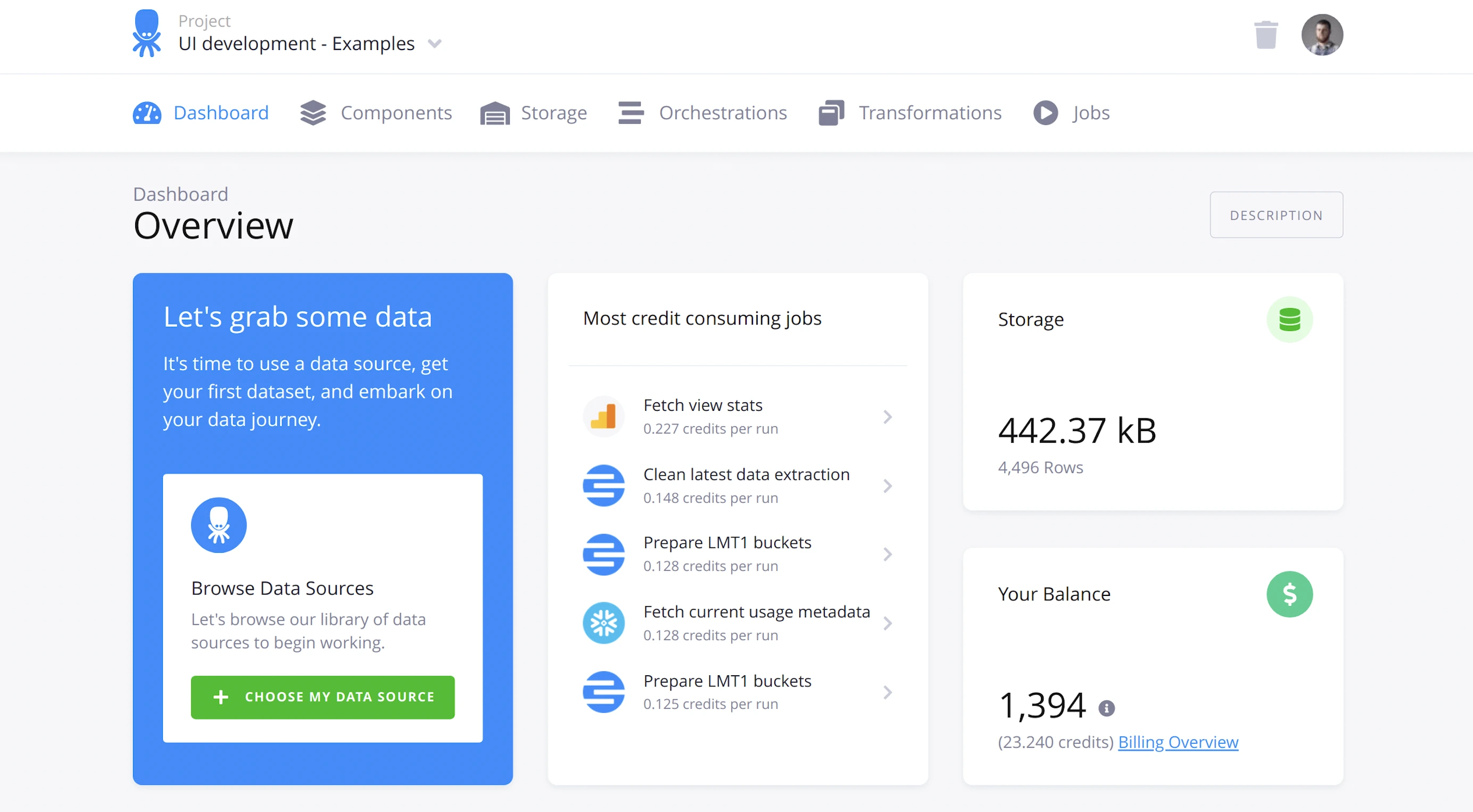Screenshot of the Keboola dashboard interface showing data source selection, most credit-consuming jobs, storage usage, and balance overview.