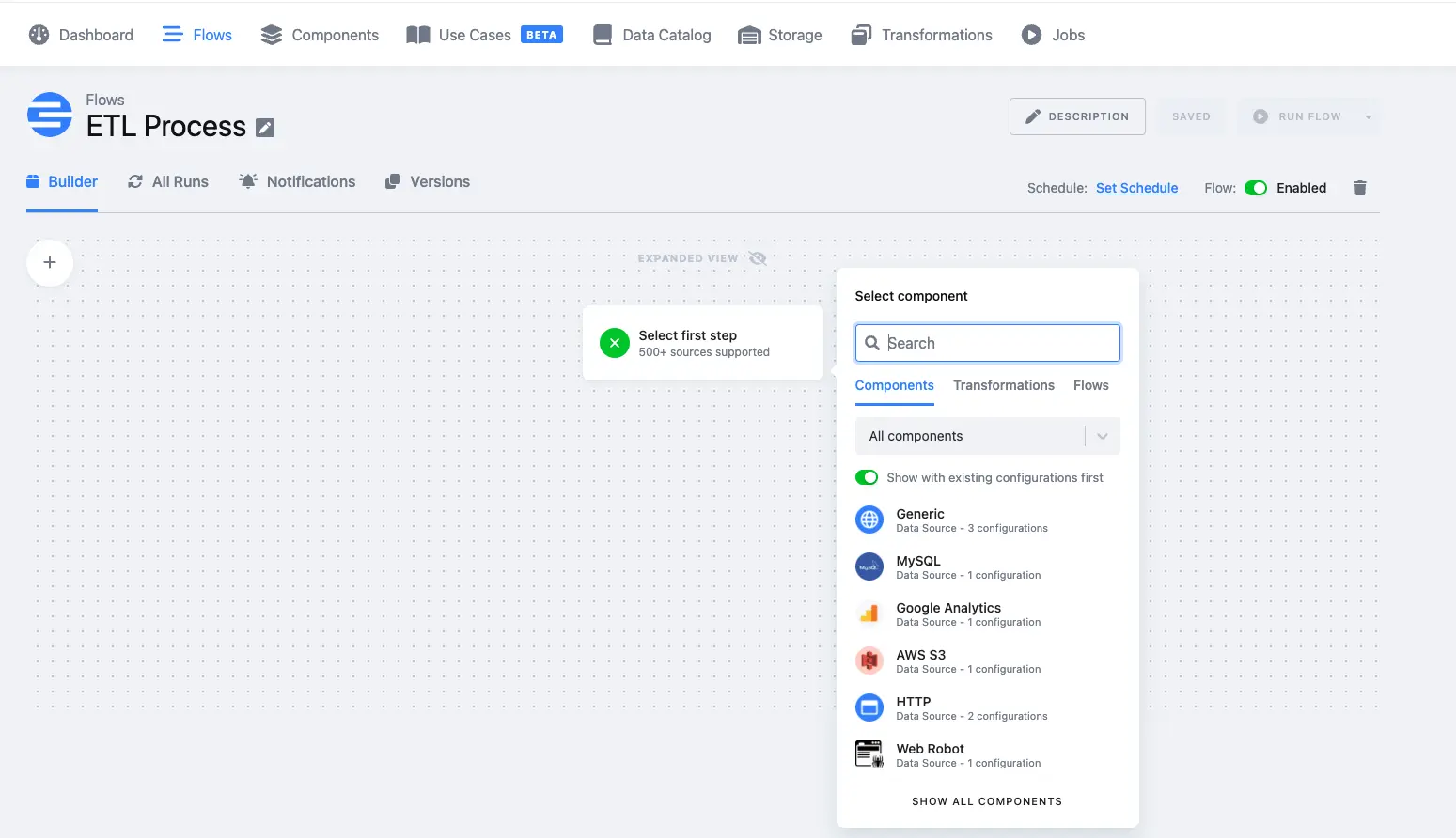 Screenshot of the ETL Process interface in Keboola, showing the flow builder with a component selection panel for data sources like MySQL, Google Analytics, and AWS S3