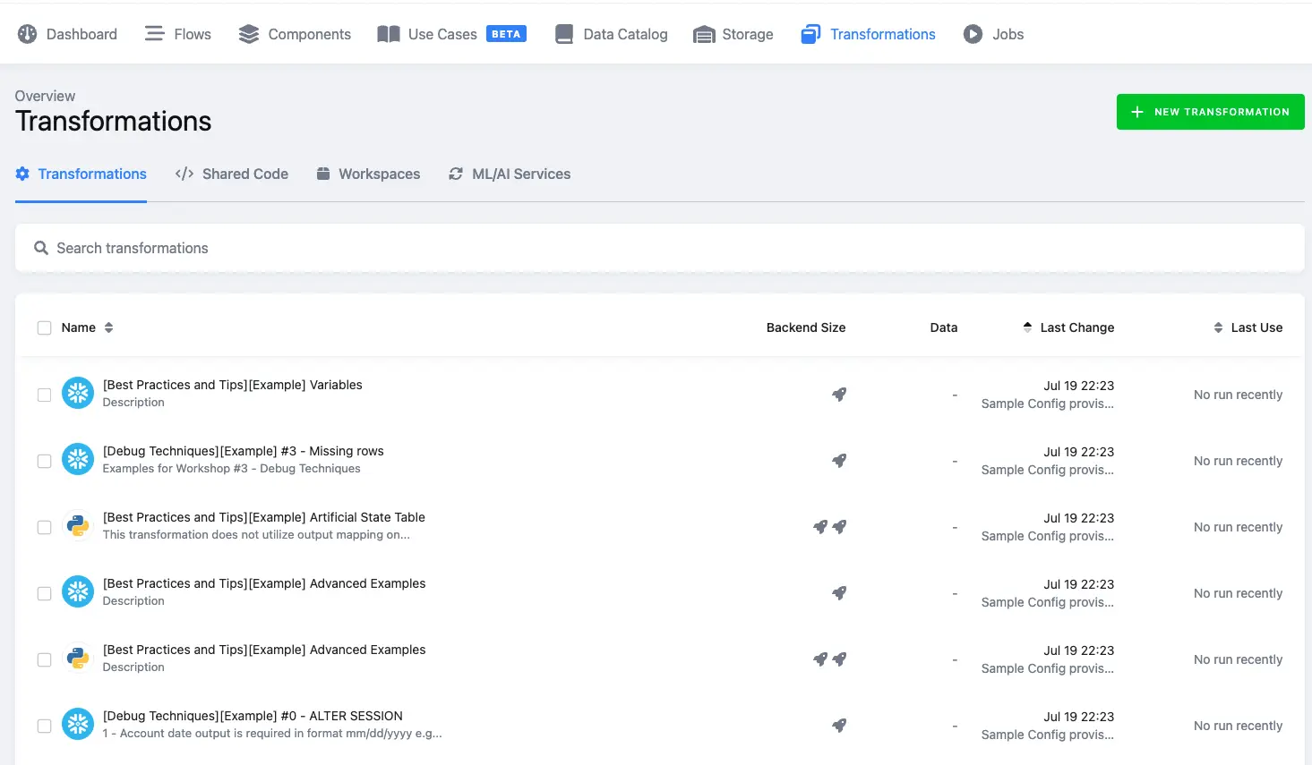 Screenshot of the Transformations section in Keboola, showing a list of configured data transformations, including examples for variables, missing rows, and session handling