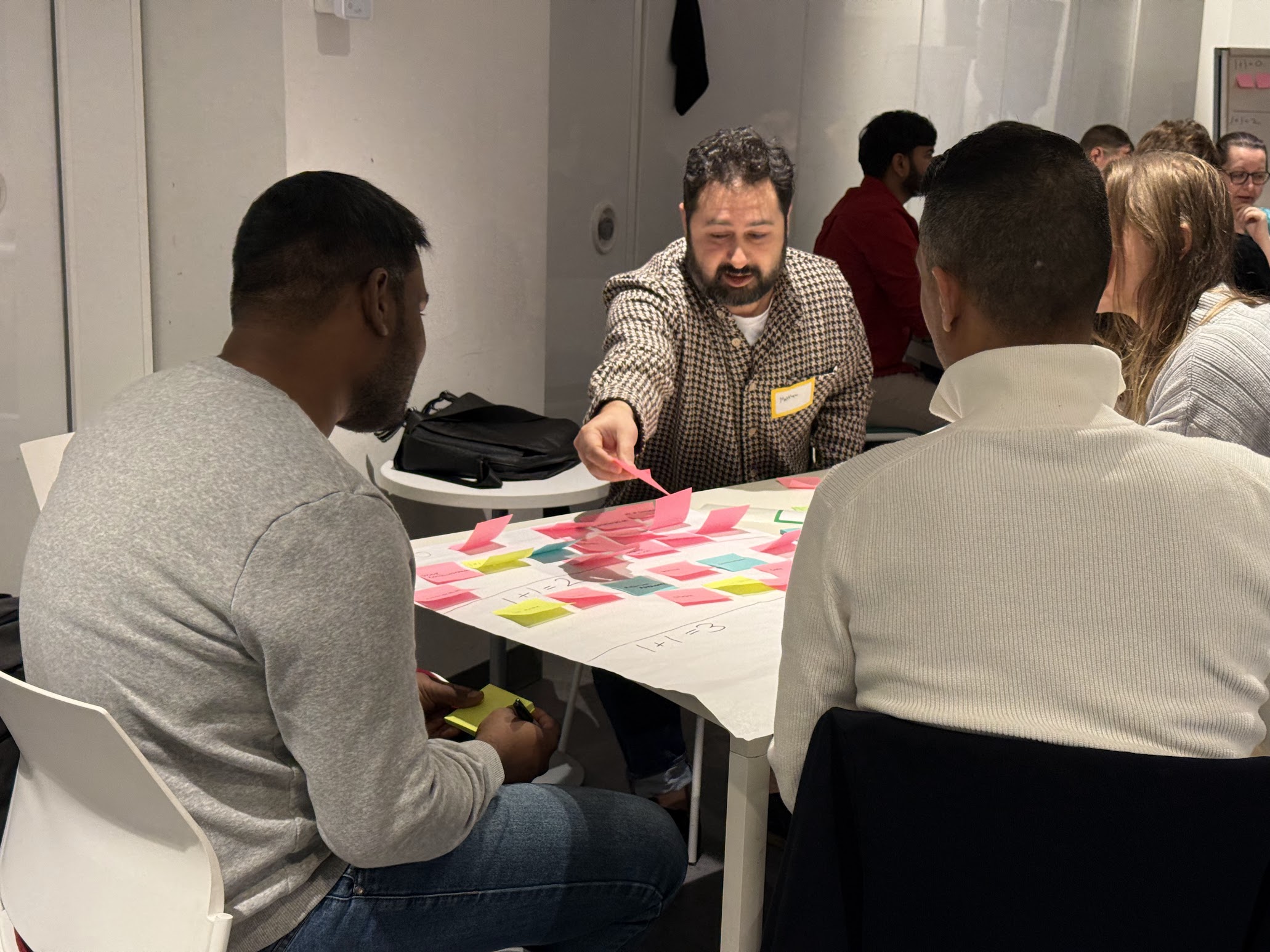 Workshop participants collaborating around a table covered in colorful sticky notes.