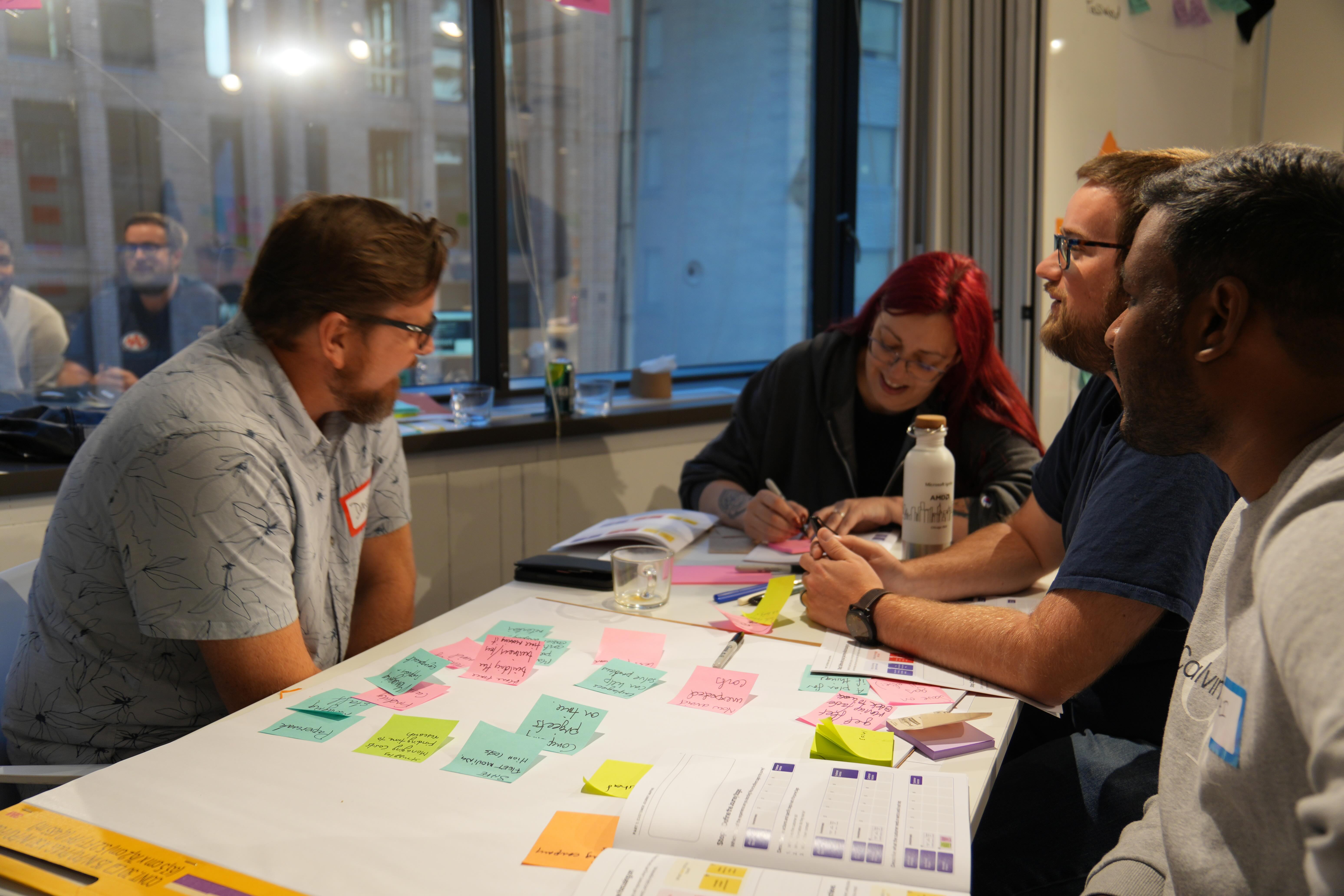   Four workshop participants sit around a table covered with a large sheet of paper and handwritten sticky notes, leaning in and talking during a collaborative leadership session.