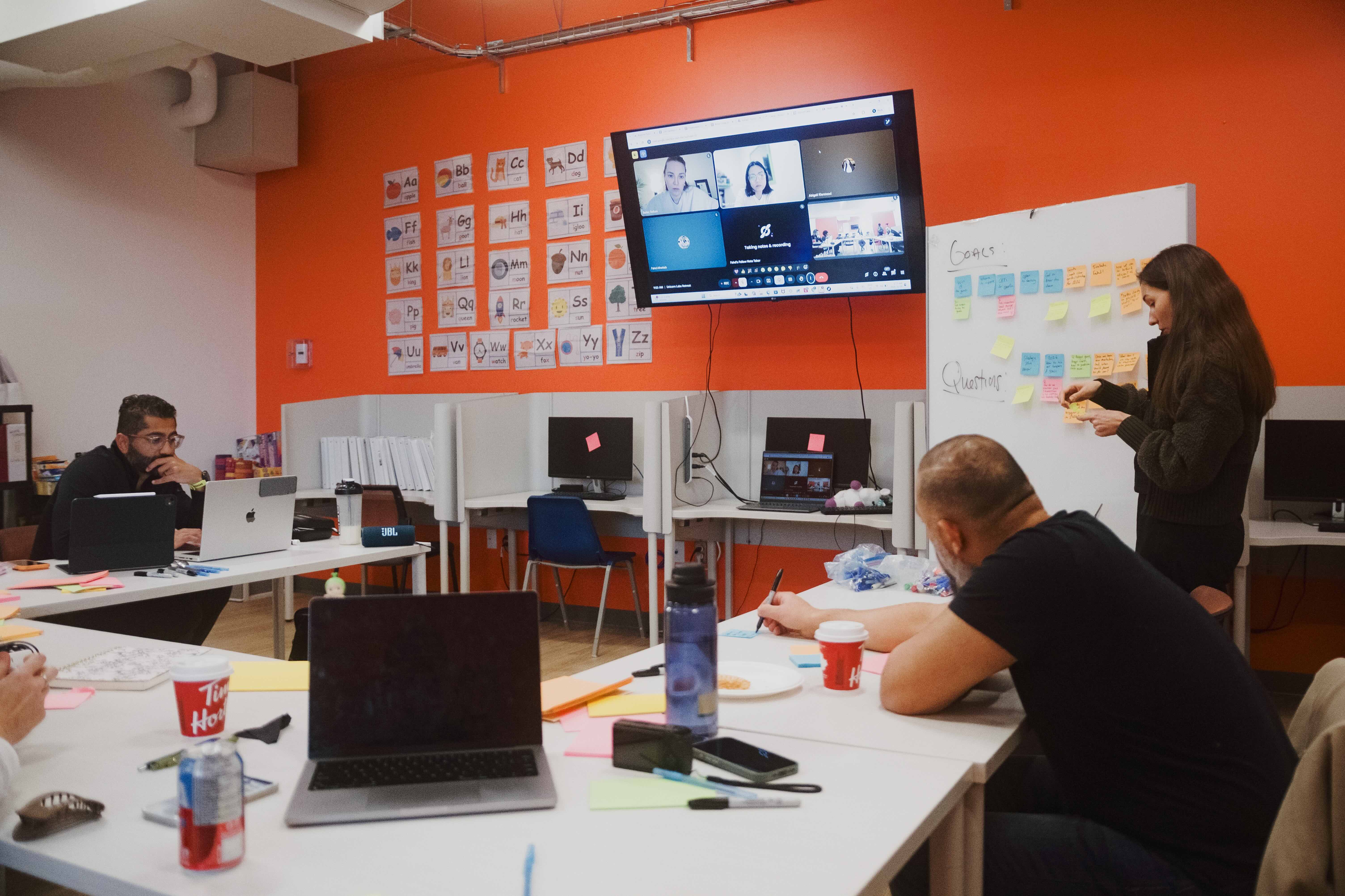 Unicorn Labs facilitator leading a hybrid strategy offsite with in-person and remote participants, sticky-note goal planning on a whiteboard, and a video call displayed on screen