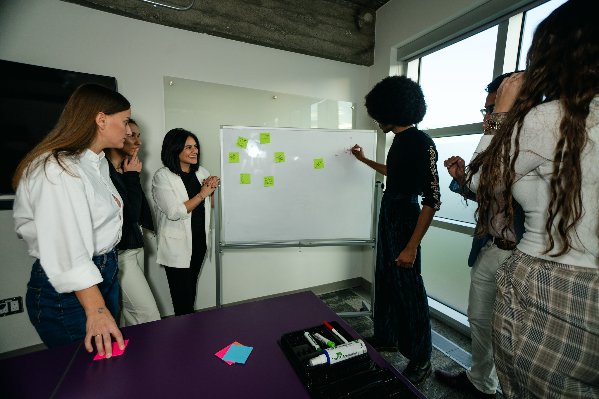 Team gathered around a whiteboard with a team member writing on it.
