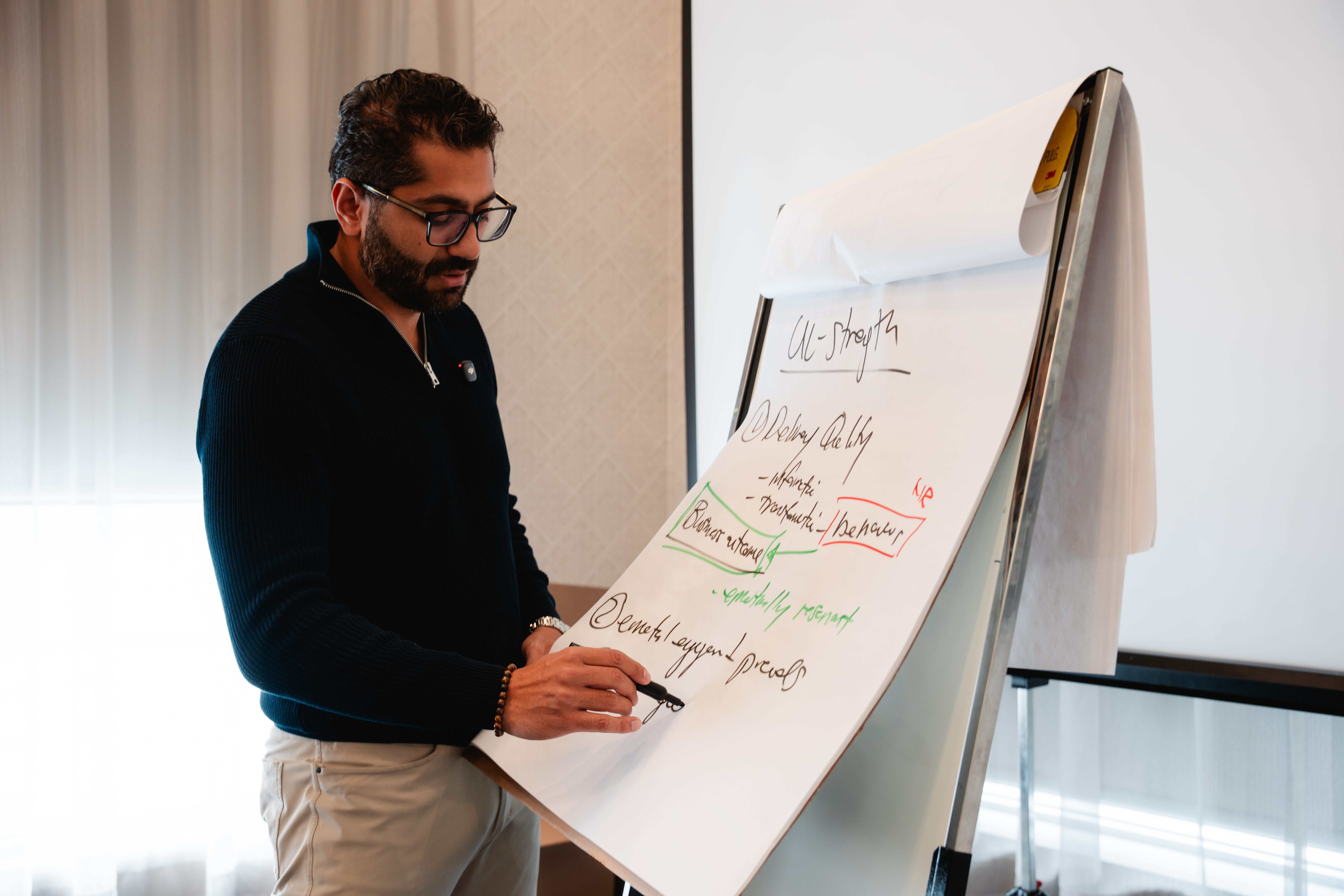 Fahd Alhattab writing on a flip chart during a leadership workshop, mapping out ideas in coloured marker