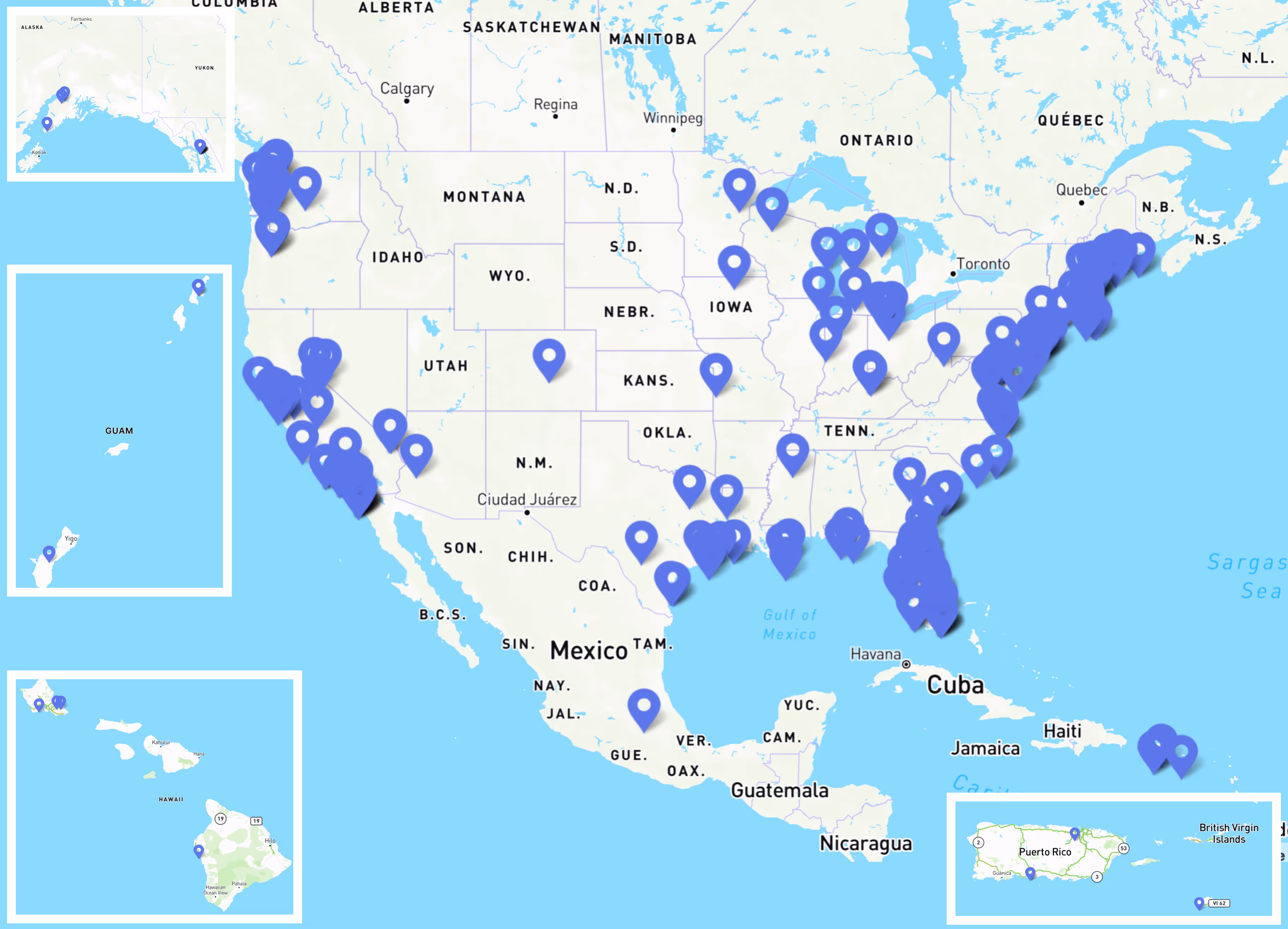 Map of the United States with numerous blue location markers concentrated along the East Coast, parts of the Midwest, Texas, California, Alaska, Hawaii, Guam, and Puerto Rico.