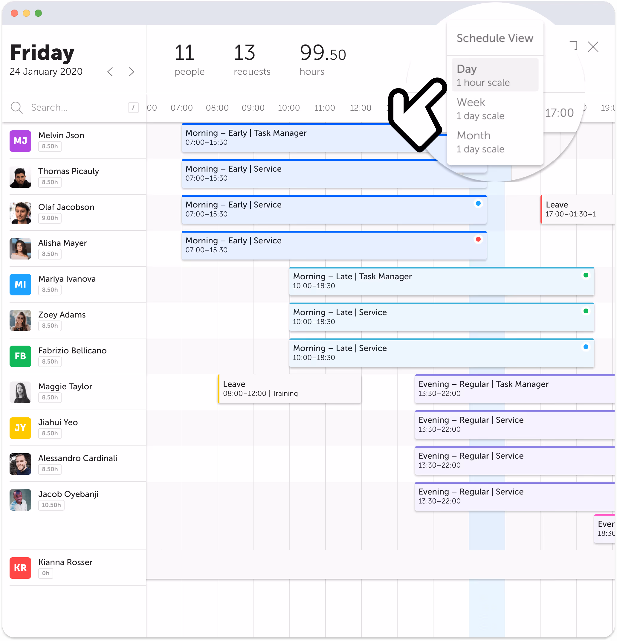 Day view bars showing scheduled 