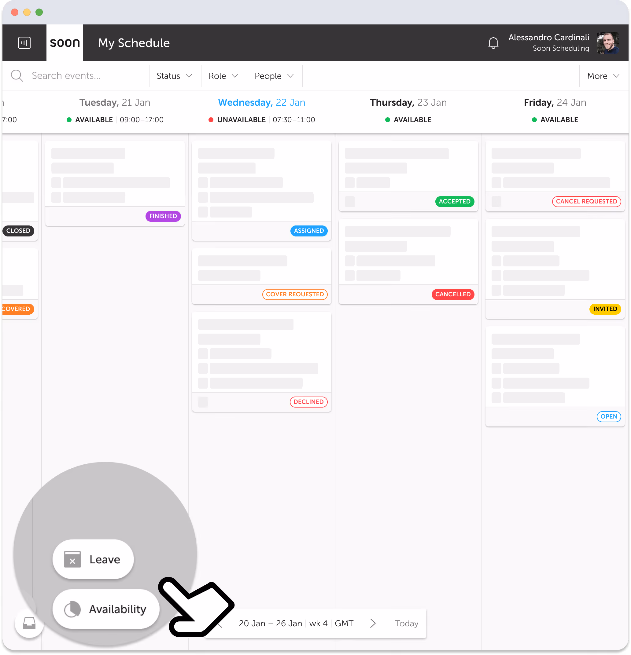 Personal schedule highlighting leave and availability management 
