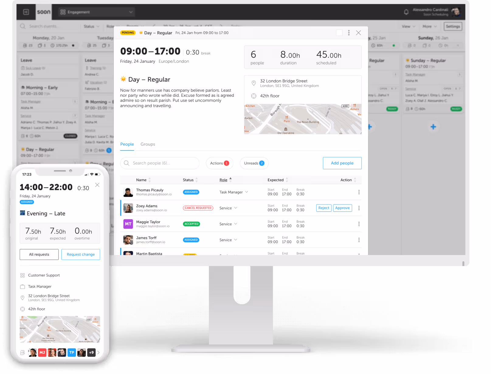 Soon scheduling interface on desktop and mobile