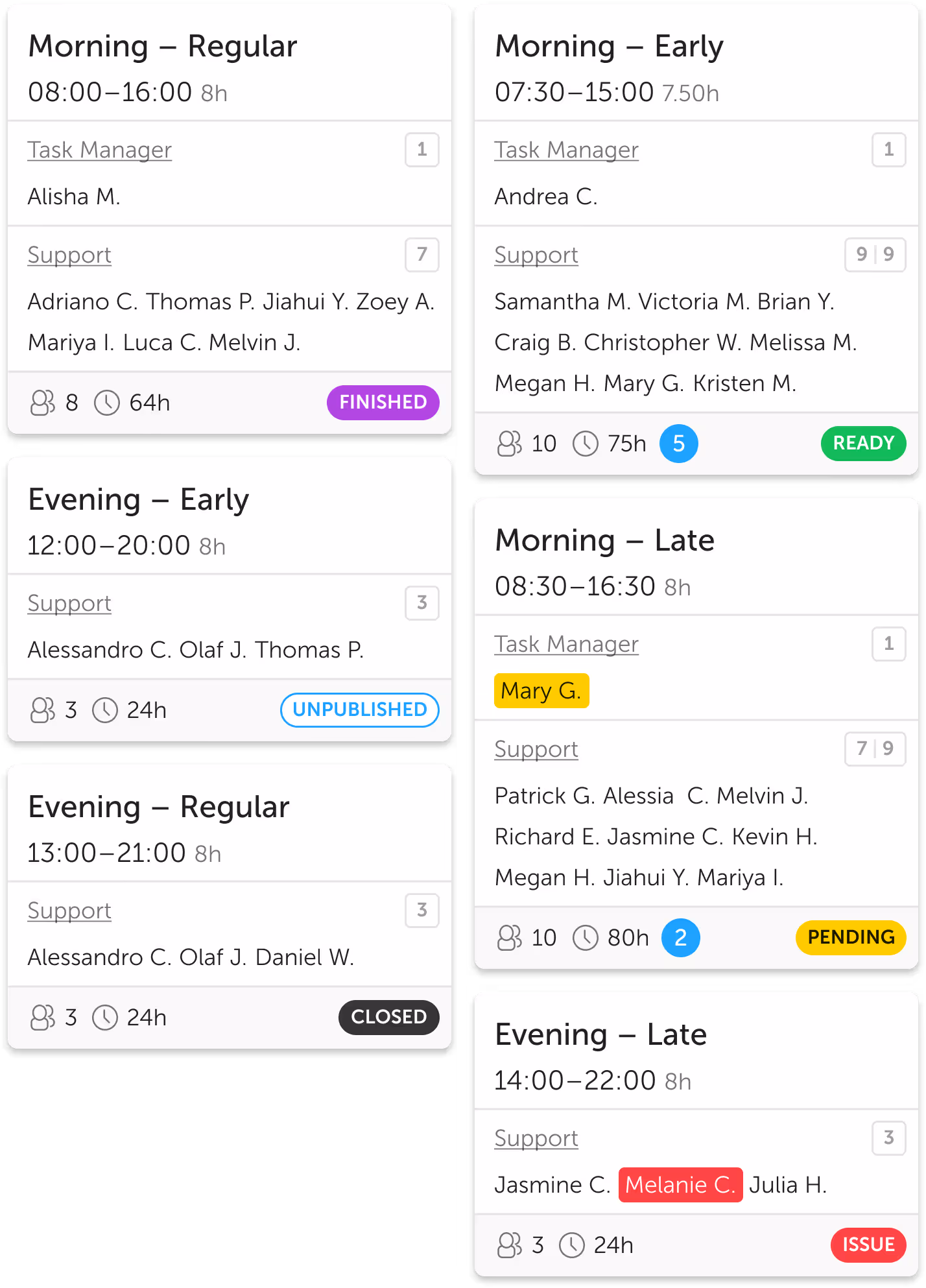 Soon event cards with people scheduled