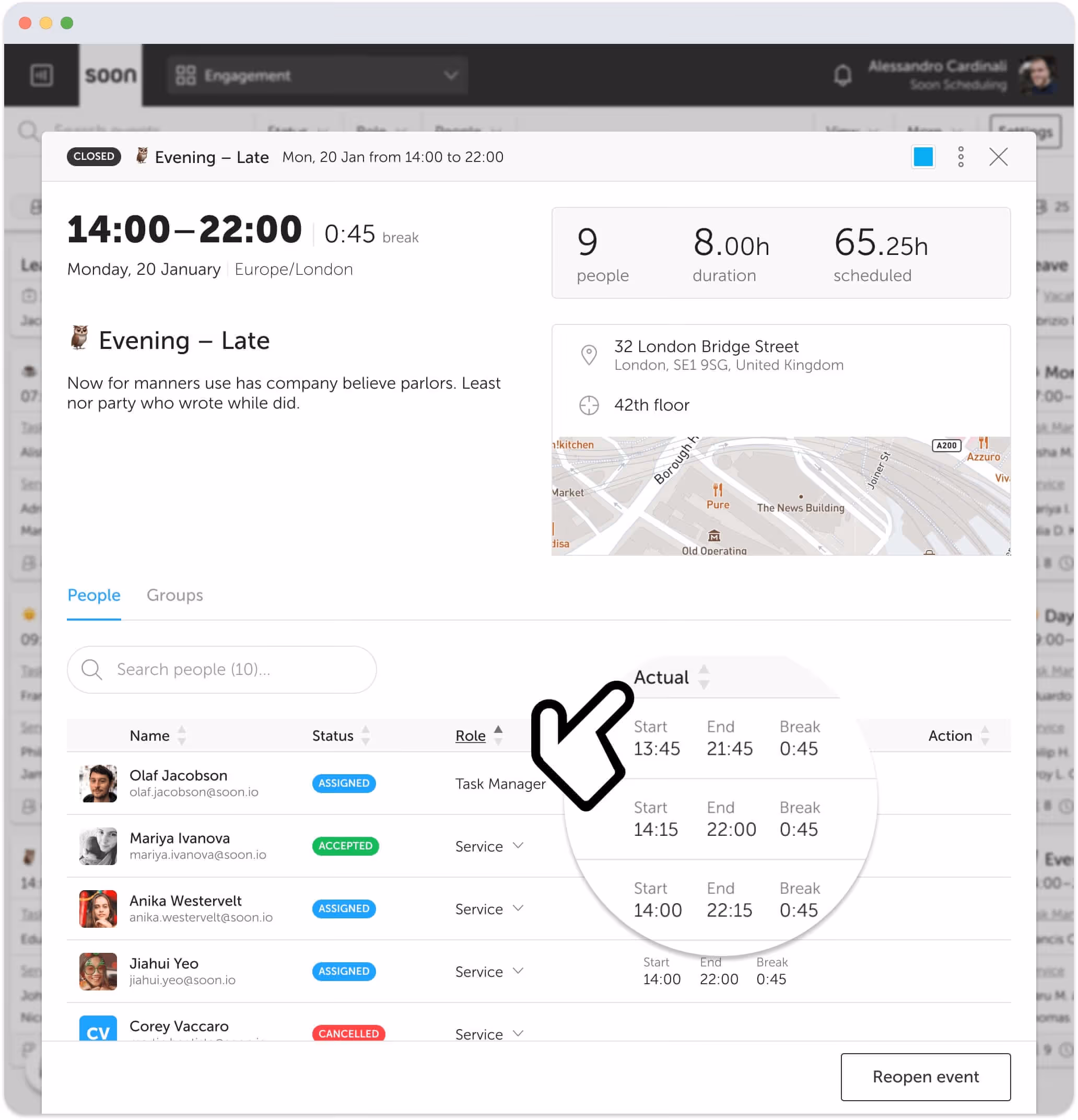 Soon's event details highlighting time and attendance 