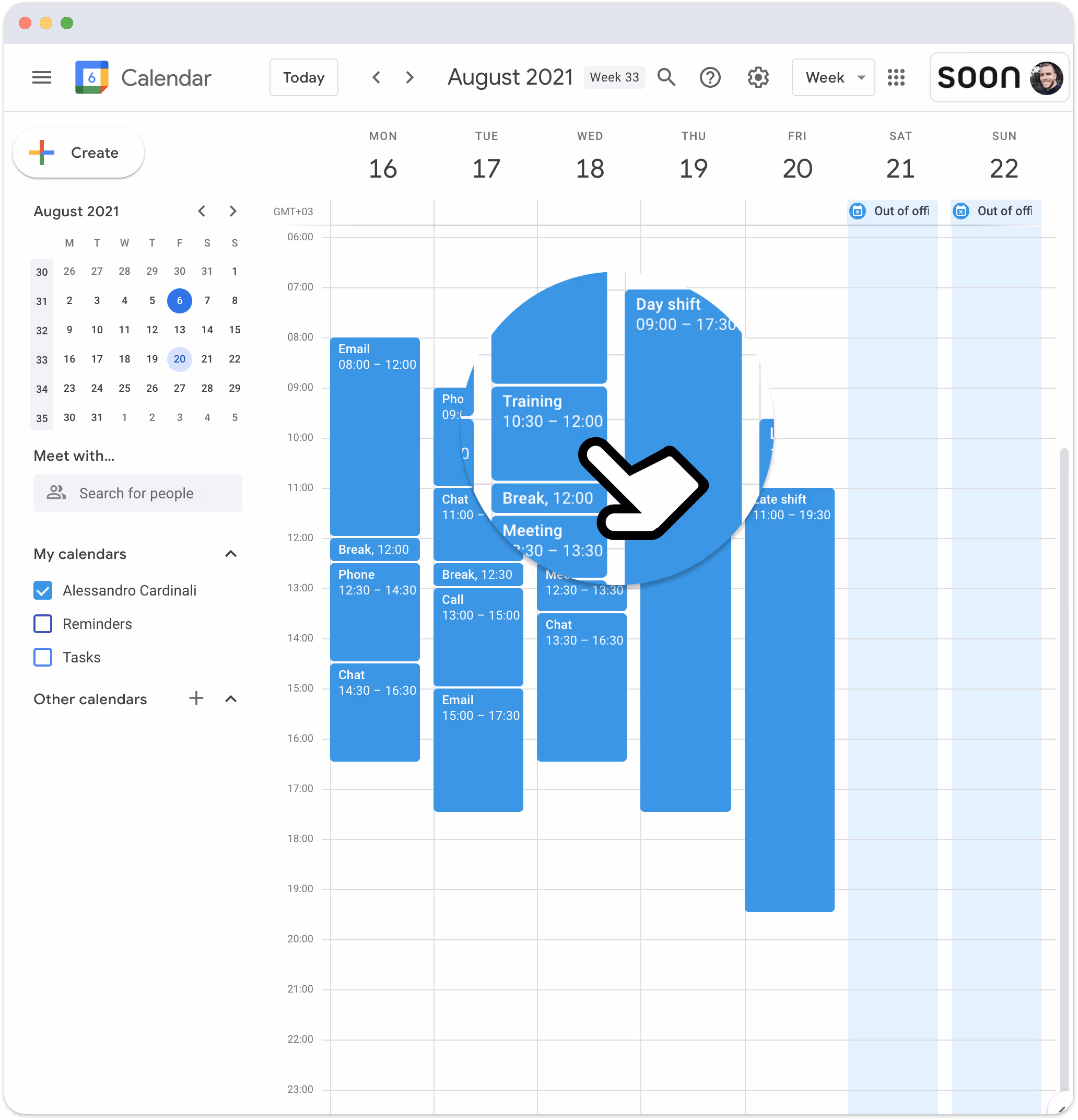 Google Calendar view synced with Soon shifts, activities, and leave