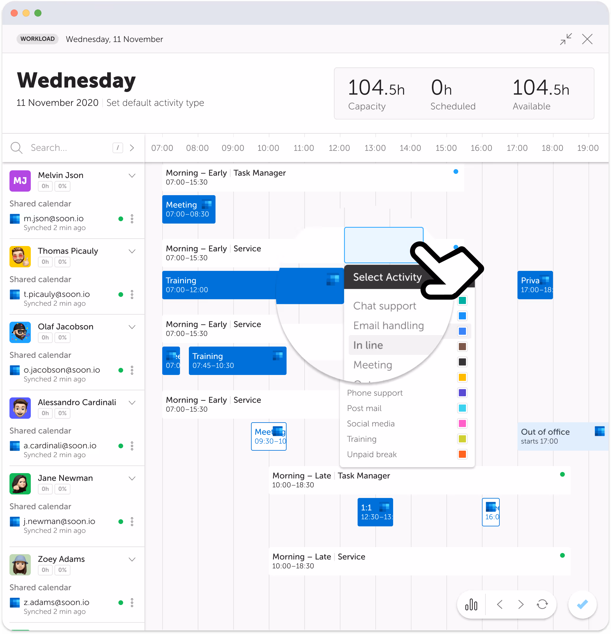 Outlook calendar events shown in the Soon Workload view to prevent scheduling conflicts