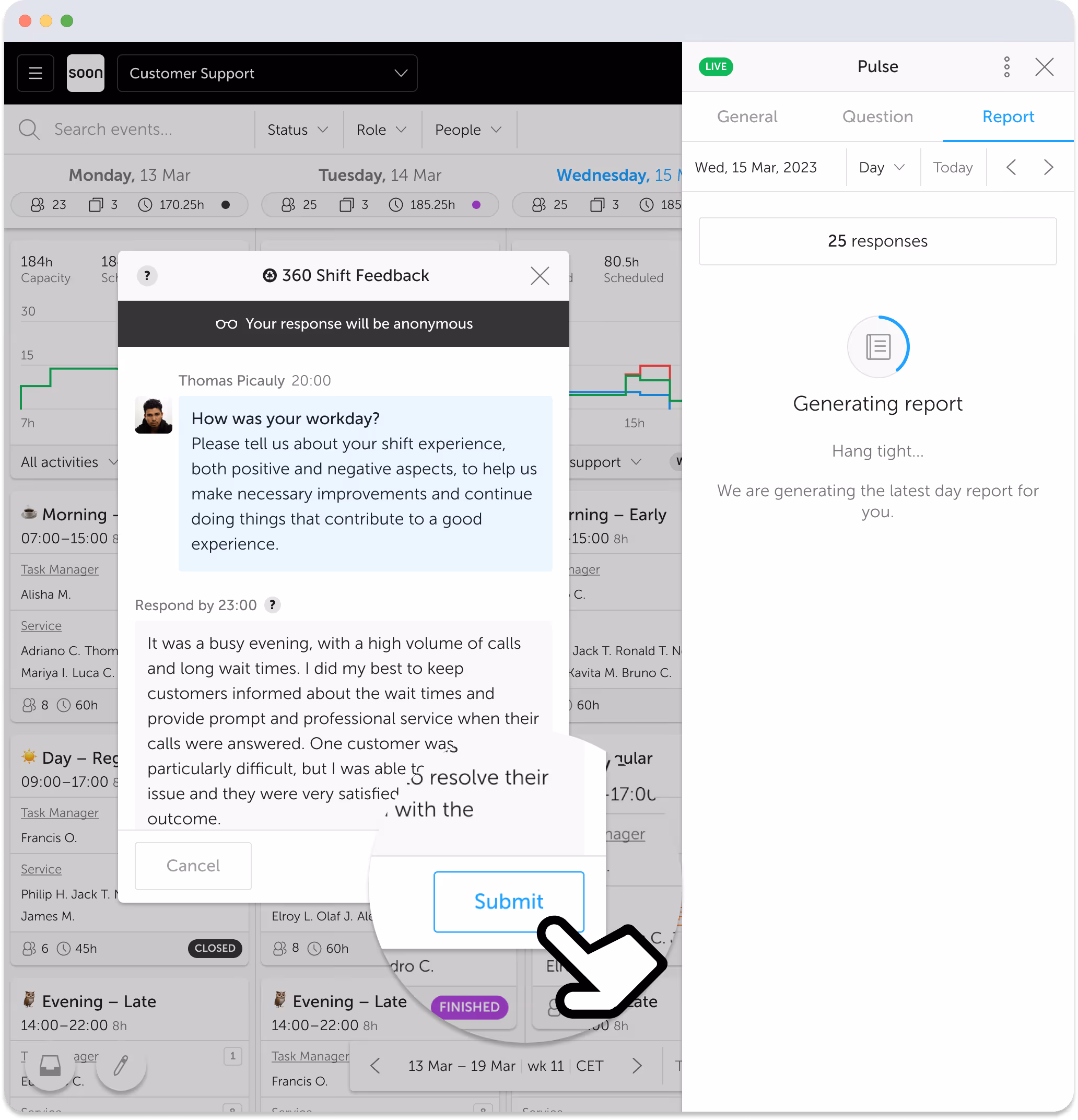 A user submitting a response on a Pulse question and seeing the AI day report being generated