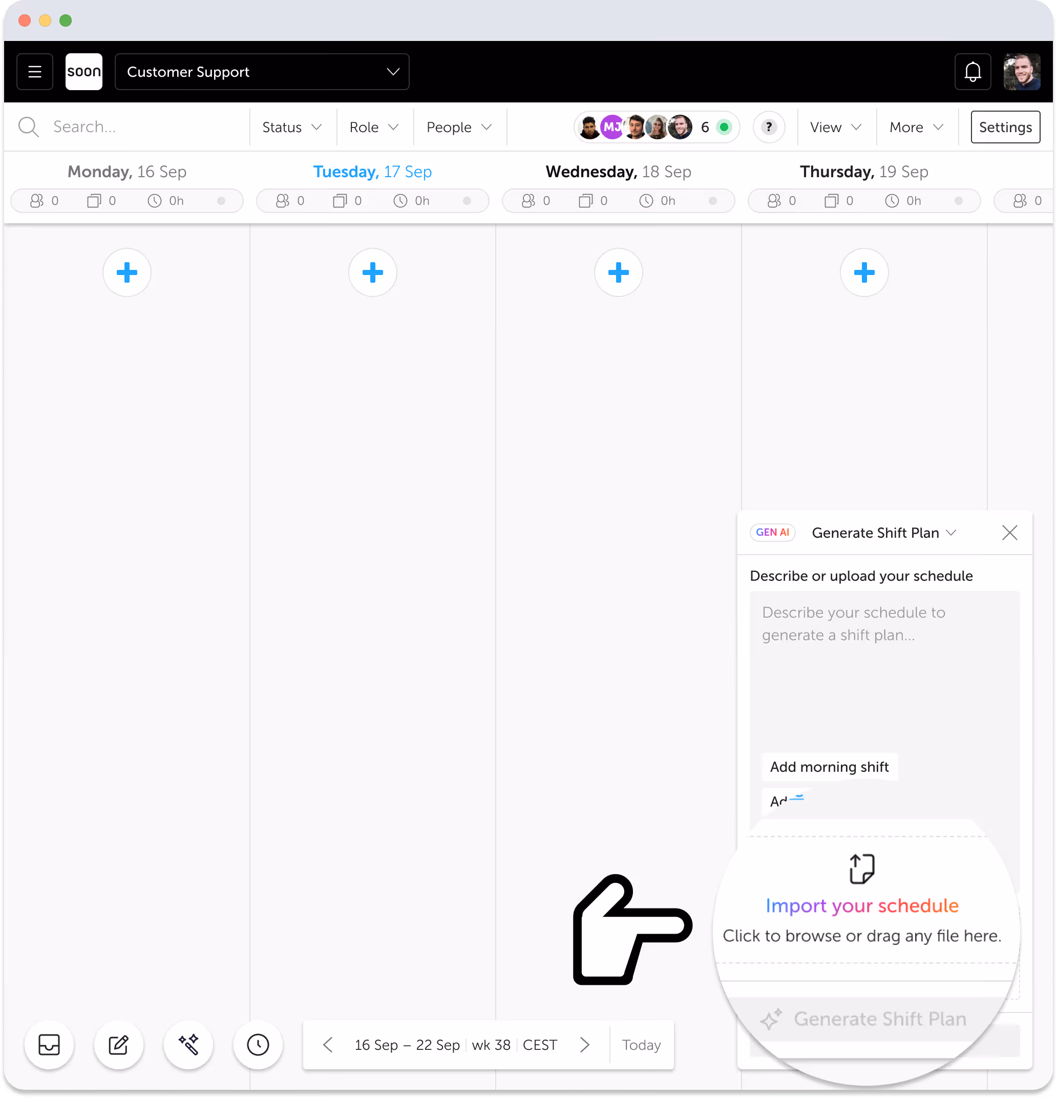 Input prompt or upload schedule export file to generate a shift structure with AI.