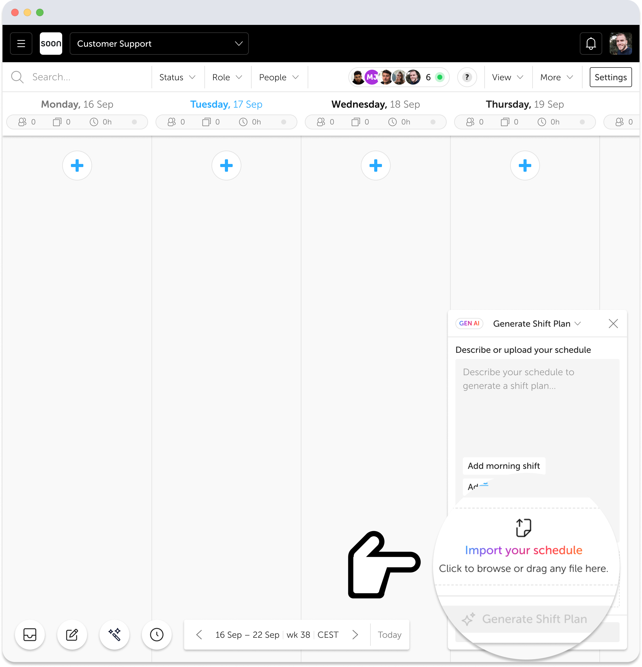 Input prompt or upload schedule export file to generate a shift structure with AI.