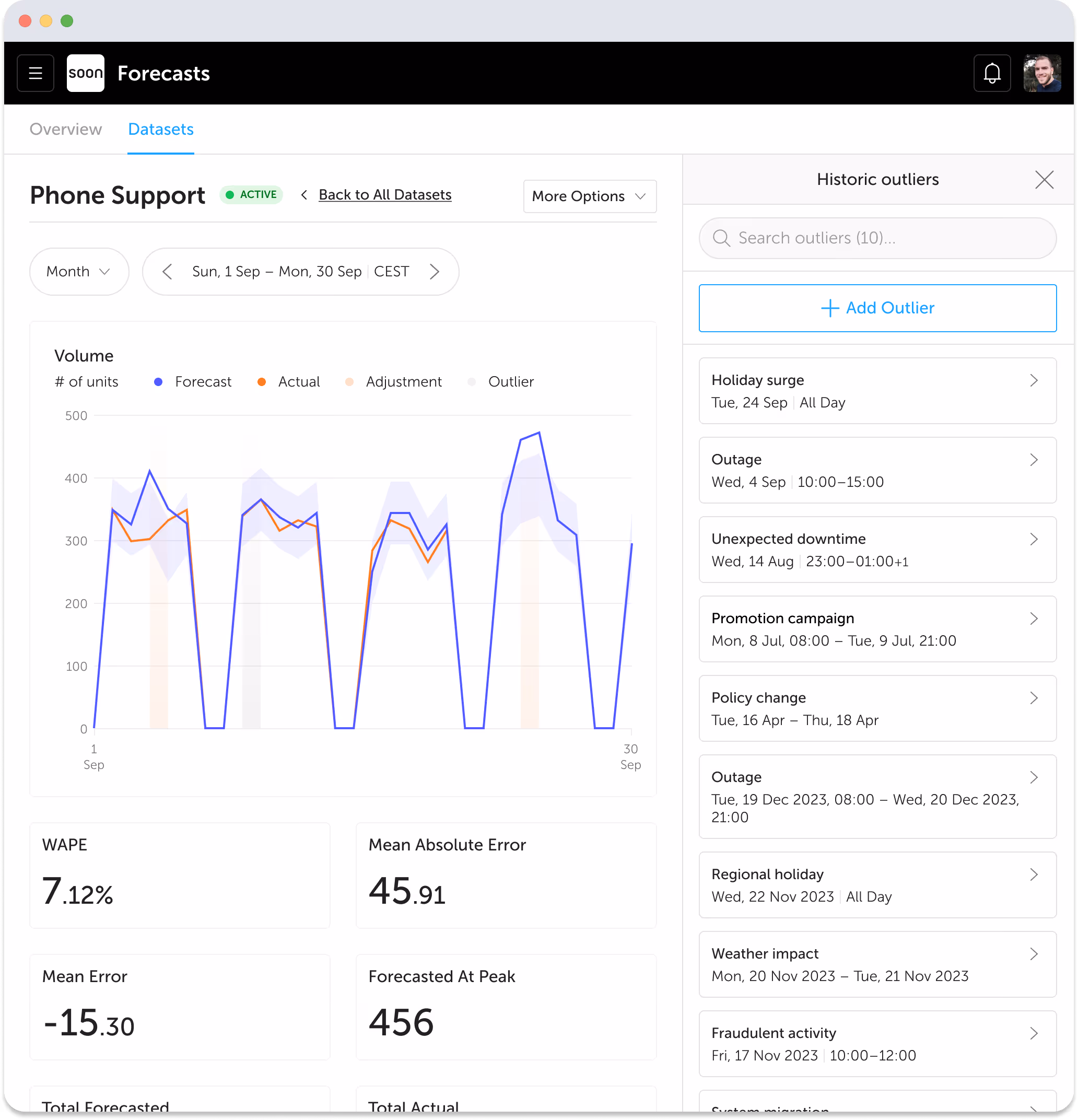 Add and manage outliers to refine forecast accuracy and reliability.