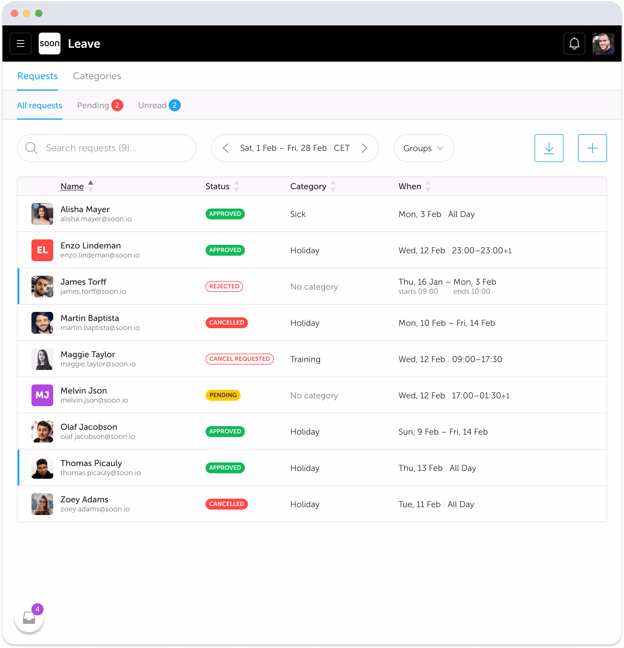 An overview of time off requests.