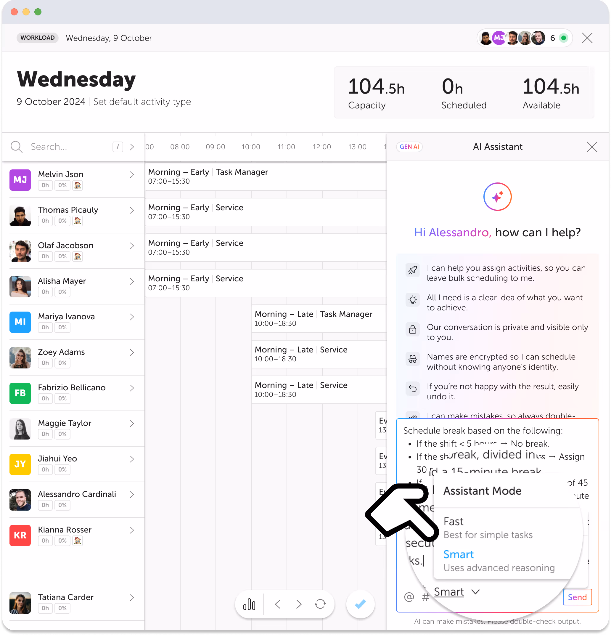 The image shows a more complex break scheduling request being typed into the Soon AI Assistant. The prompt includes conditional rules for different shift lengths. The assistant is set to Smart mode, ideal for handling advanced logic and reasoning. Shift data is shown on the left, ready to be populated based on the input.