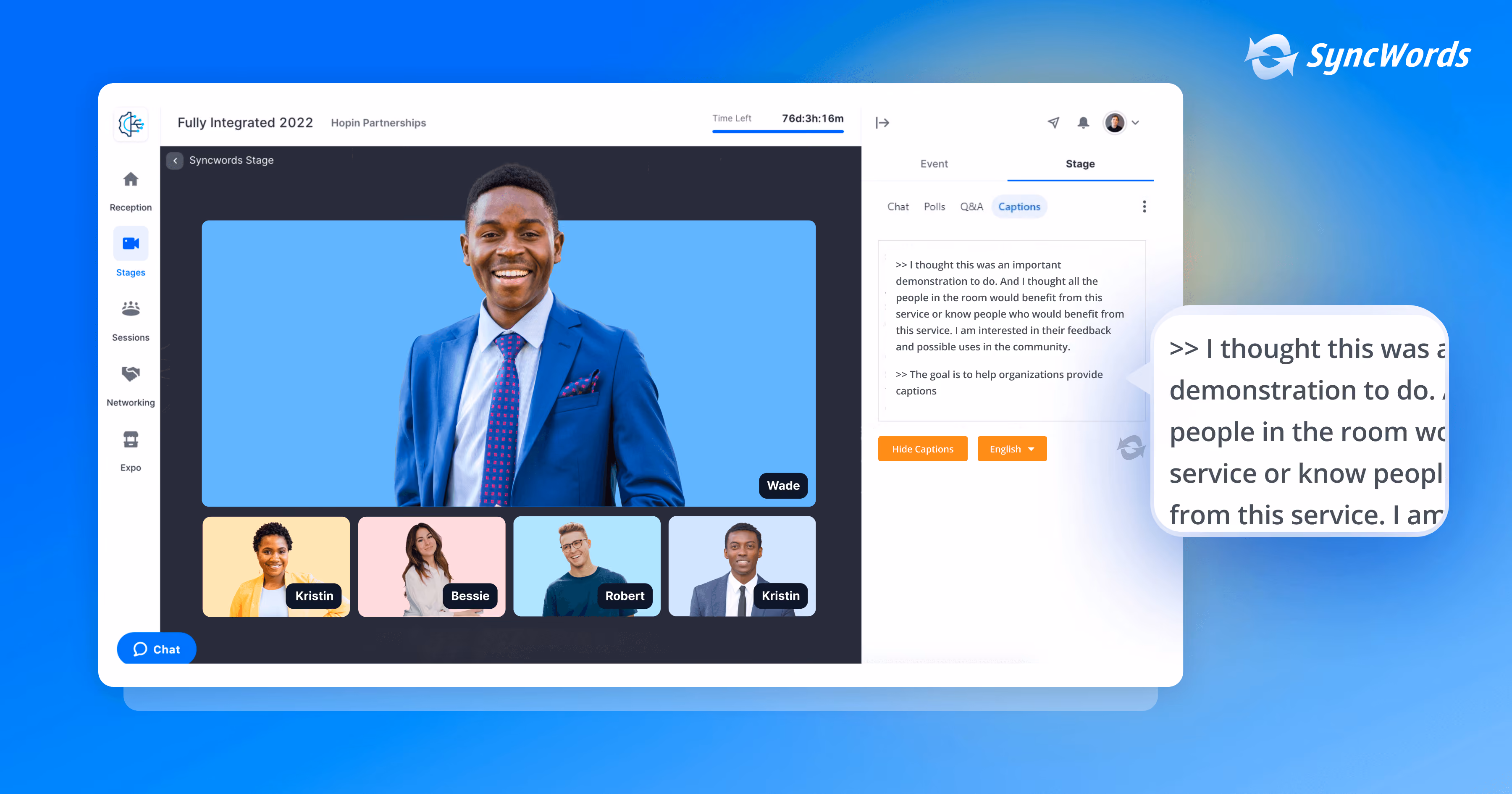 SyncWords' captions on Hopin's platform