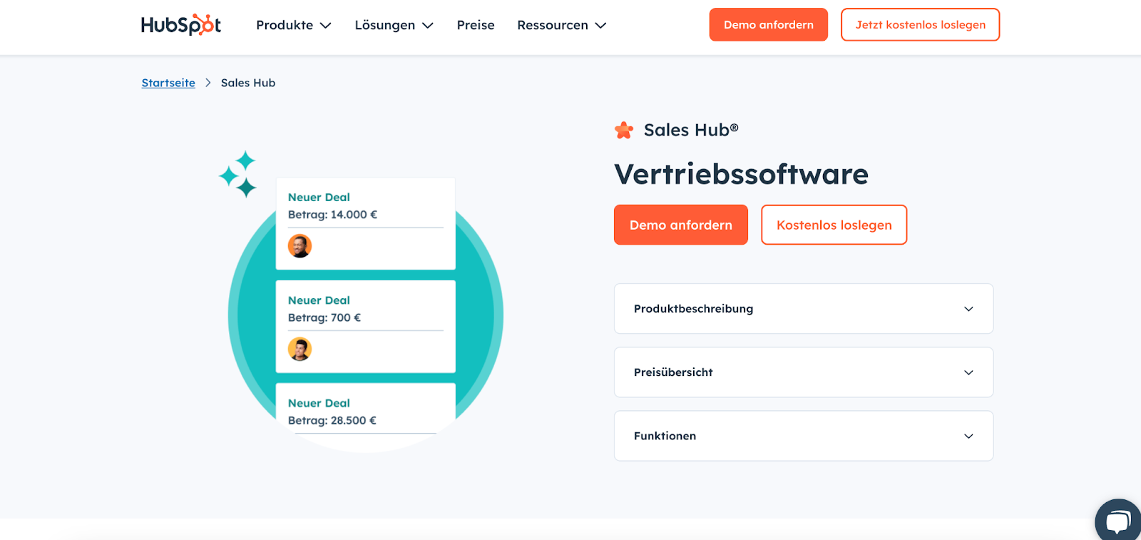 Screenshot der HubSpot Sales Hub-Seite – zeigt CRM-gestützte Lösungen für den Vertrieb mit KI-Funktionen